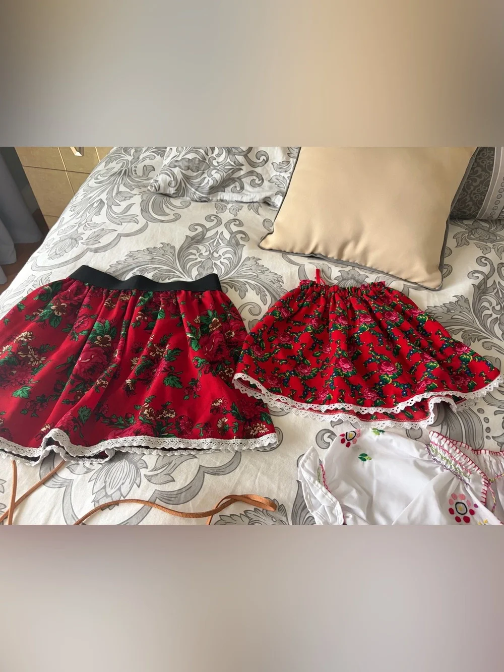 Red Floral Women's Skirt with Lace Trim